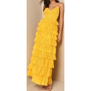 LULU'S SZ S Radiant Event Yellow Mesh Tiered Ruffled Backless Maxi Dress NEW 0B7
